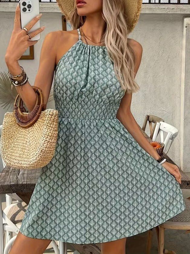 Kadın Omuzlardan Açık Boyun Arkasından Bağcıklı Beli Lastikli Kısa Süprem Elbise