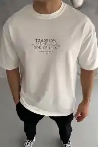 Erkek Kısa Kol Yazlık Tişört Bisiklet Yaka Baskılı Oversize T-Shirt - Beyaz