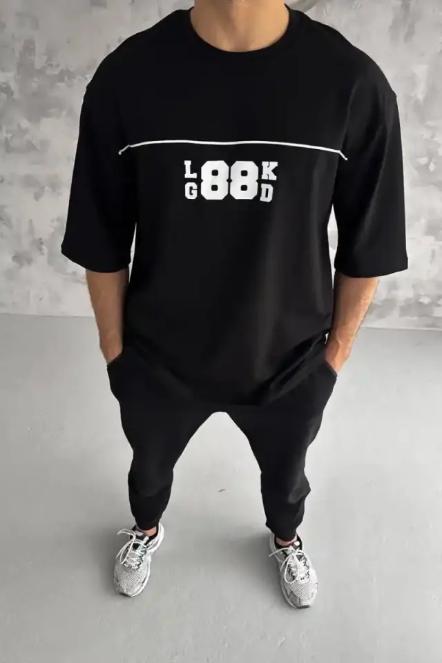Erkek Kısa Kol Yazlık Tişört Bisiklet Yaka Baskılı Oversize T-Shirt - Siyah
