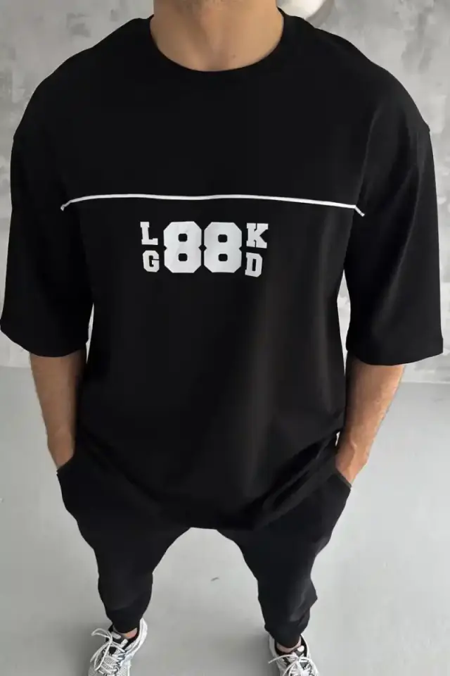 Erkek Kısa Kol Yazlık Tişört Bisiklet Yaka Baskılı Oversize T-Shirt - Siyah