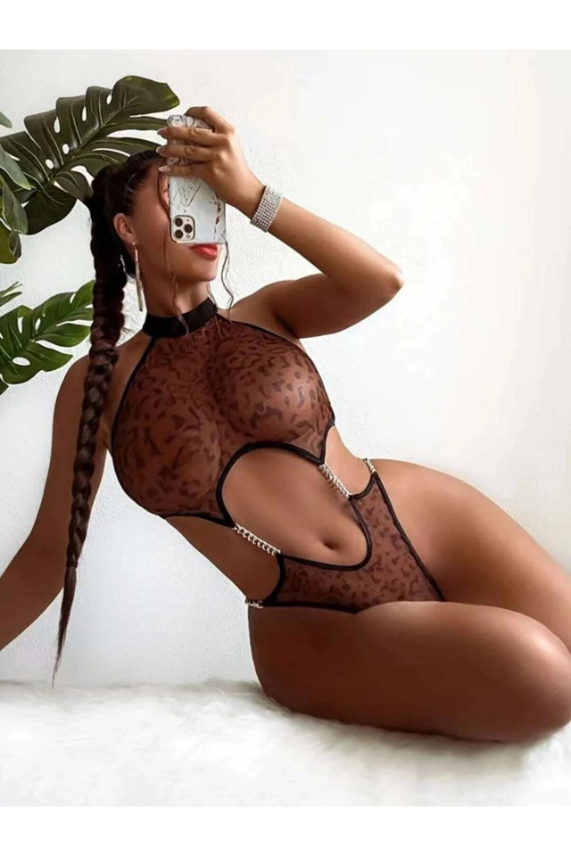 Kadın Leopar Desen Zincirli Kahverengi  Babydoll