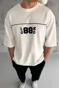Erkek Kısa Kol Yazlık Tişört Bisiklet Yaka Baskılı Oversize T-Shirt - Beyaz