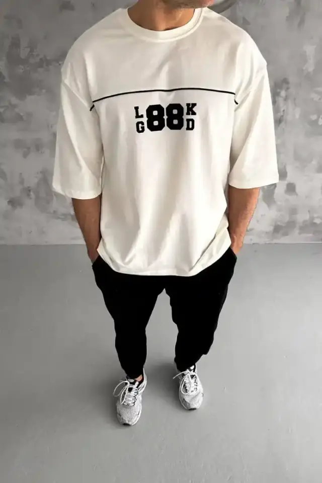 Erkek Kısa Kol Yazlık Tişört Bisiklet Yaka Baskılı Oversize T-Shirt - Beyaz