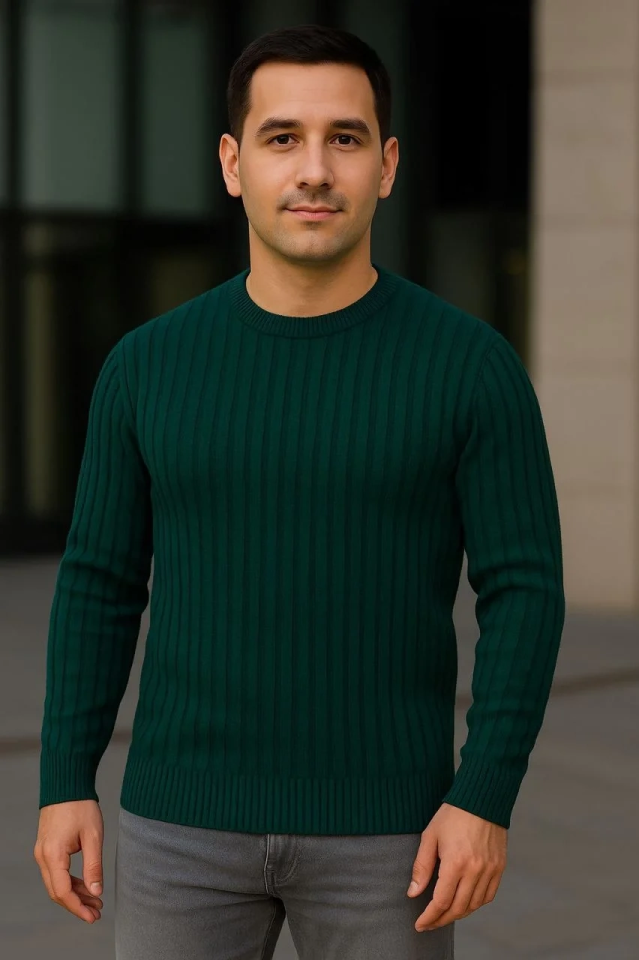 Erkek Fitilli Triko Kazak 2’li Set Siyah Haki Kalın Dokuma Pamuklu Regular Fit Bisiklet