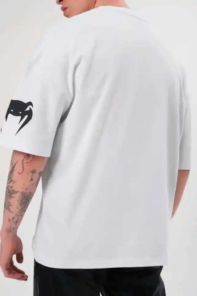 Erkek Kısa Kol Tişört Göğüs ve Kol Bisiklet Yaka Baskılı T-Shirt - Beyaz