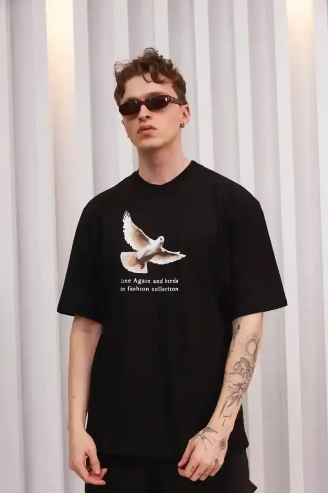 Erkek Kısa Kol Yazlık Tişört Bisiklet Yaka Baskılı Oversize T-Shirt - Siyah