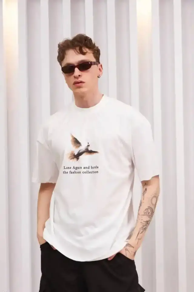Erkek Kısa Kol Yazlık Tişört Bisiklet Yaka Baskılı Oversize T-Shirt - Siyah