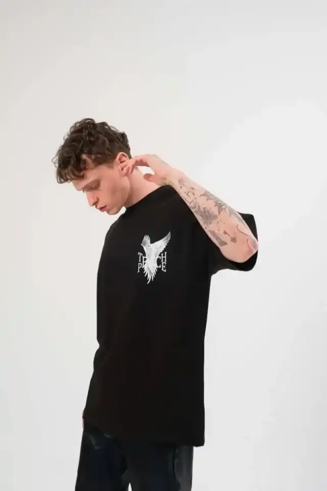 Erkek Kısa Kol Yazlık Tişört Bisiklet Yaka Baskılı Oversize T-Shirt - Siyah
