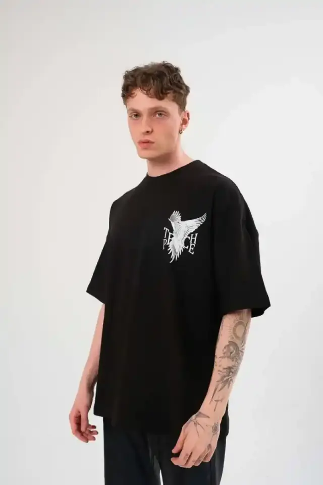 Erkek Kısa Kol Yazlık Tişört Bisiklet Yaka Baskılı Oversize T-Shirt - Siyah