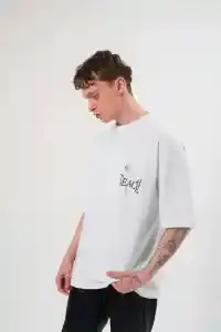 Erkek Kısa Kol Yazlık Tişört Bisiklet Yaka Baskılı Oversize T-Shirt - Beyaz