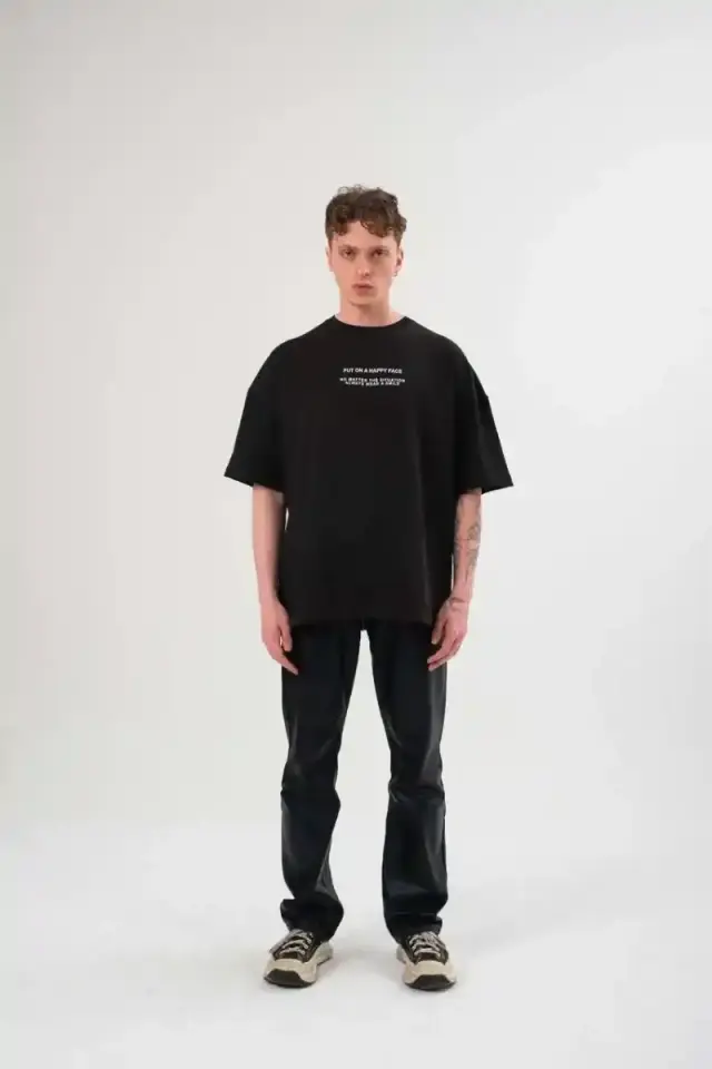 Erkek Kısa Kol Yazlık Tişört Bisiklet Yaka Baskılı Oversize T-Shirt - Siyah
