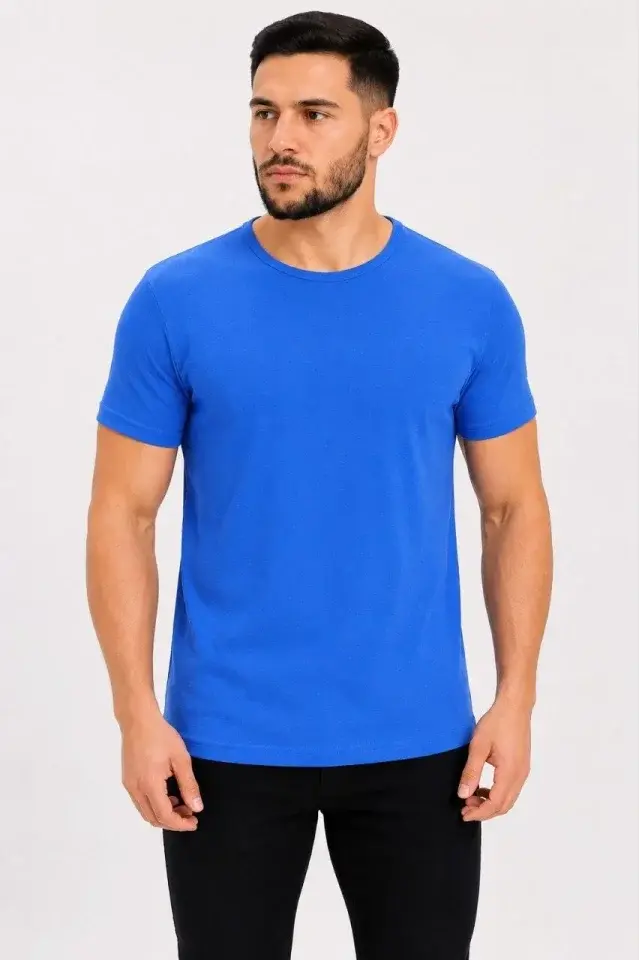 Erkek Basic Tişört Bisiklet Yaka Kısa Kol Günlük Yazlık Slim Fit T-Shirt - Saks Mavisi