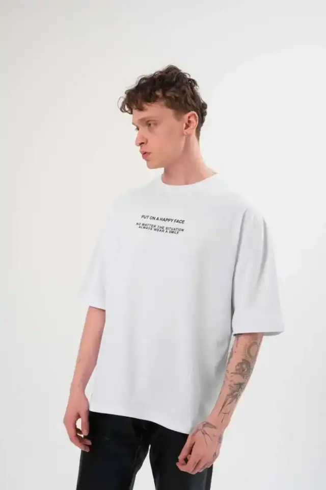 Erkek Kısa Kol Yazlık Tişört Bisiklet Yaka Baskılı Oversize T-Shirt - Beyaz