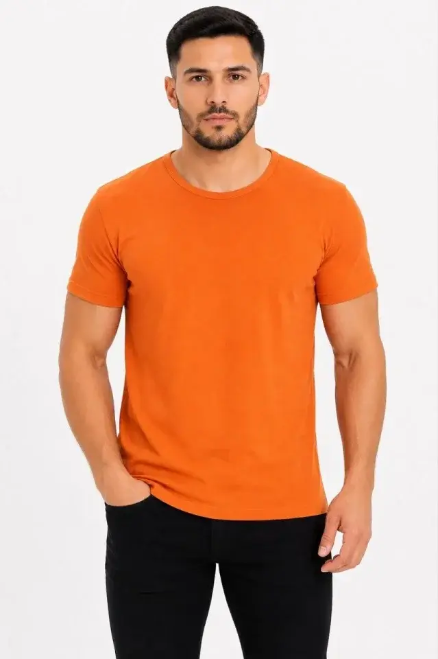 Erkek Basic Tişört Bisiklet Yaka Kısa Kol Günlük Yazlık Slim Fit T-Shirt - Turuncu