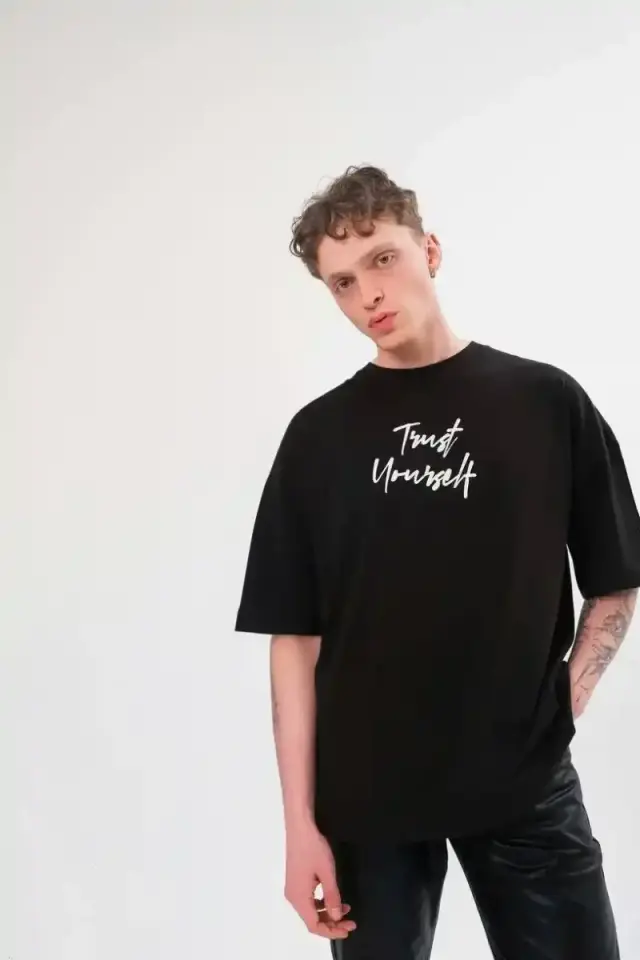 Erkek Kısa Kol Yazlık Tişört Bisiklet Yaka Baskılı Oversize T-Shirt -  Siyah