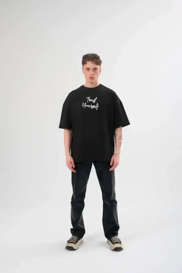 Erkek Kısa Kol Yazlık Tişört Bisiklet Yaka Baskılı Oversize T-Shirt -  Siyah