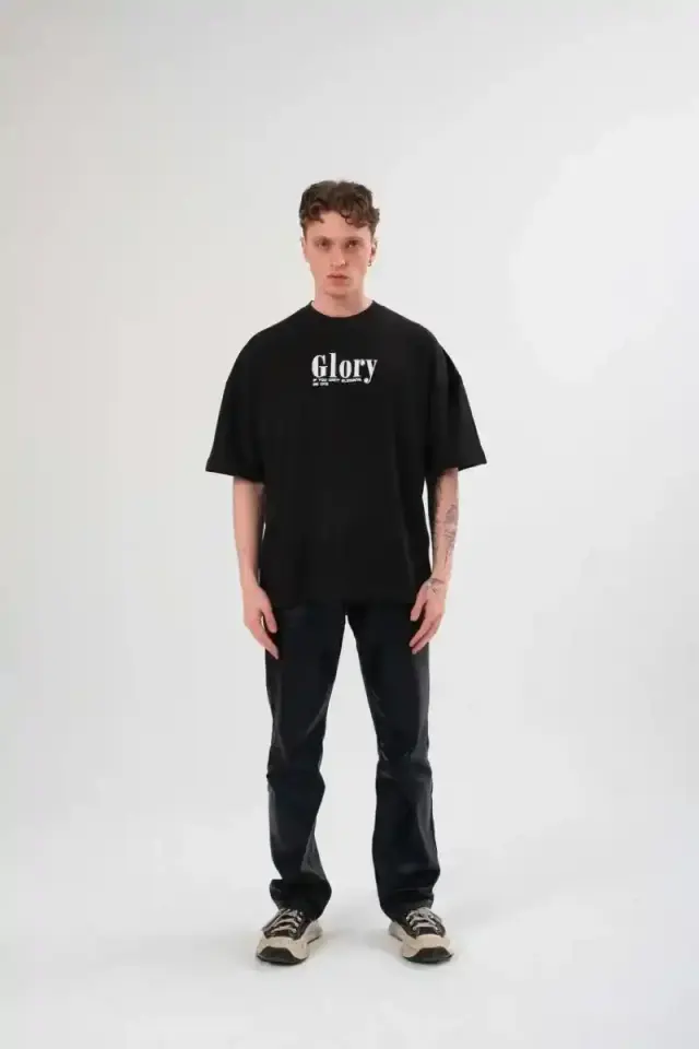 Erkek Kısa Kol Yazlık Tişört Bisiklet Yaka Baskılı Oversize T-Shirt -  Siyah