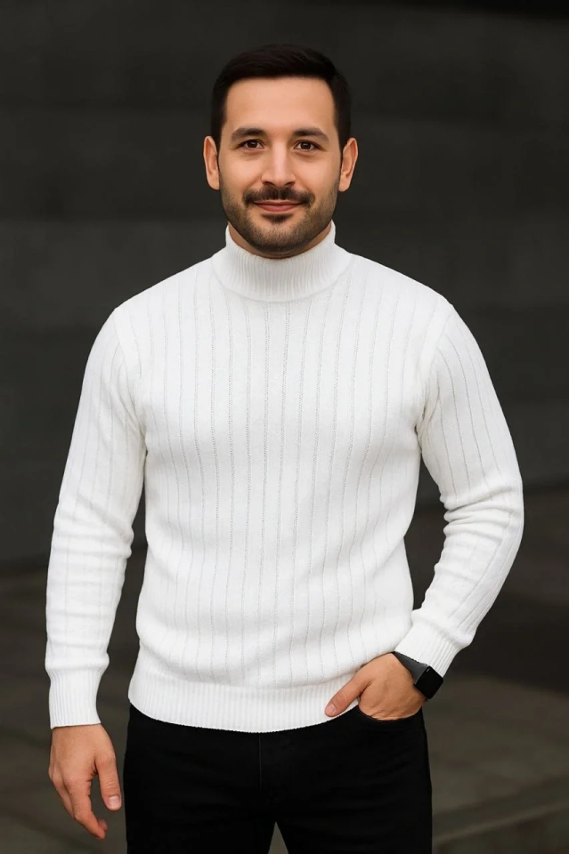 Erkek Fitilli Kazak Tam Boğazlı Balıkçı Yaka Triko 3'lü Set Beyaz-Gri-Siyah