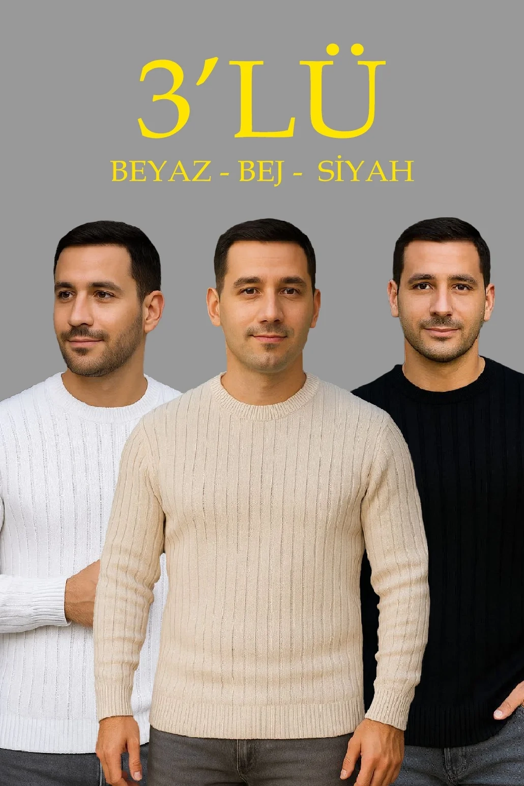 Erkek Fitilli Triko Kazak 3’lü Set Bej Beyaz Siyah | Kalın Dokuma Pamuklu Regular Fit