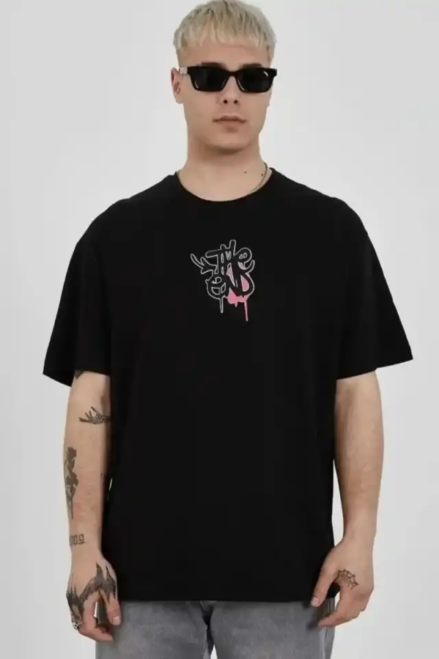 Erkek Kısa Kol Yazlık Tişört Bisiklet Yaka Baskılı Oversize T-Shirt -  Siyah