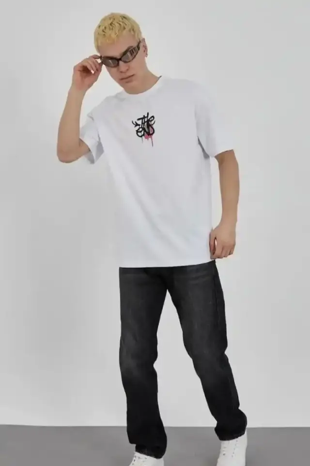Erkek Kısa Kol Yazlık Tişört Bisiklet Yaka Baskılı Oversize T-Shirt - Beyaz