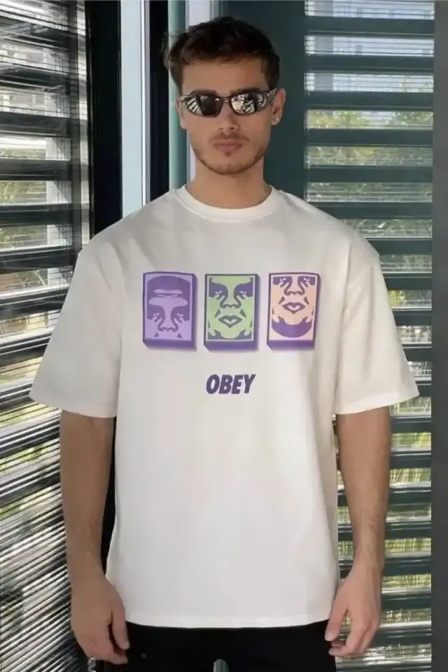 Erkek Kısa Kol Yazlık Tişört Bisiklet Yaka Baskılı Oversize T-Shirt - Beyaz