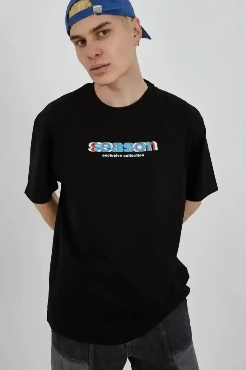 Erkek Kısa Kol Yazlık Tişört Bisiklet Yaka Baskılı Oversize T-Shirt - Siyah