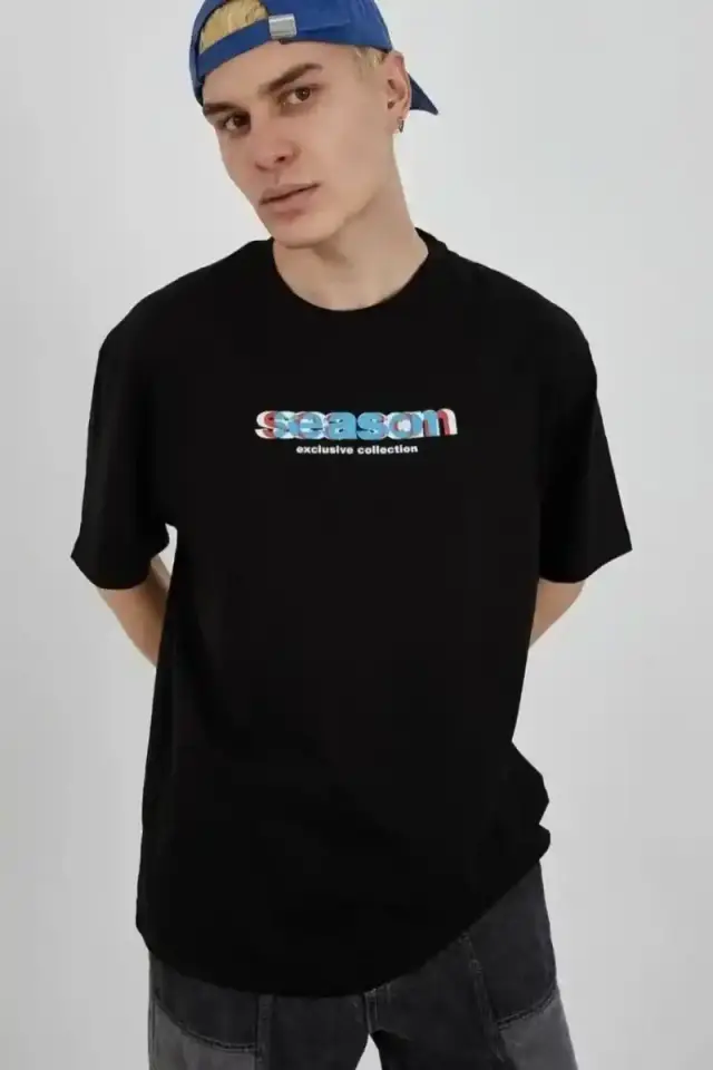 Erkek Kısa Kol Yazlık Tişört Bisiklet Yaka Baskılı Oversize T-Shirt - Siyah