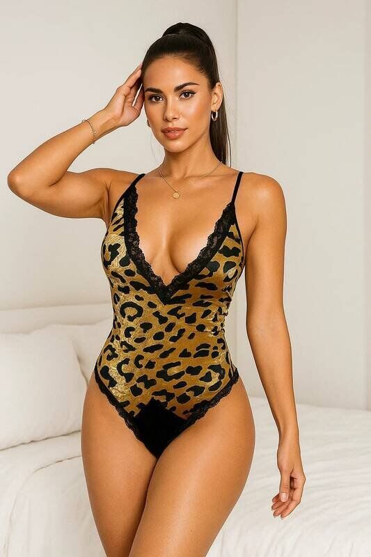Kadın Leopar Desenli Dantel Babydoll