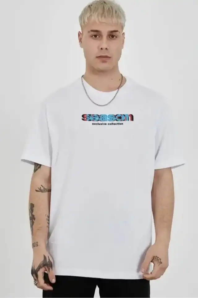 Erkek Kısa Kol Yazlık Tişört Bisiklet Yaka Baskılı Oversize T-Shirt - Beyaz