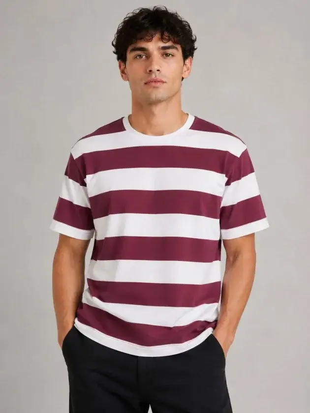 Erkek Çizgili Oversize Tişört Bisiklet Yaka Kısa Kol Yazlık T-Shirt - Bordo