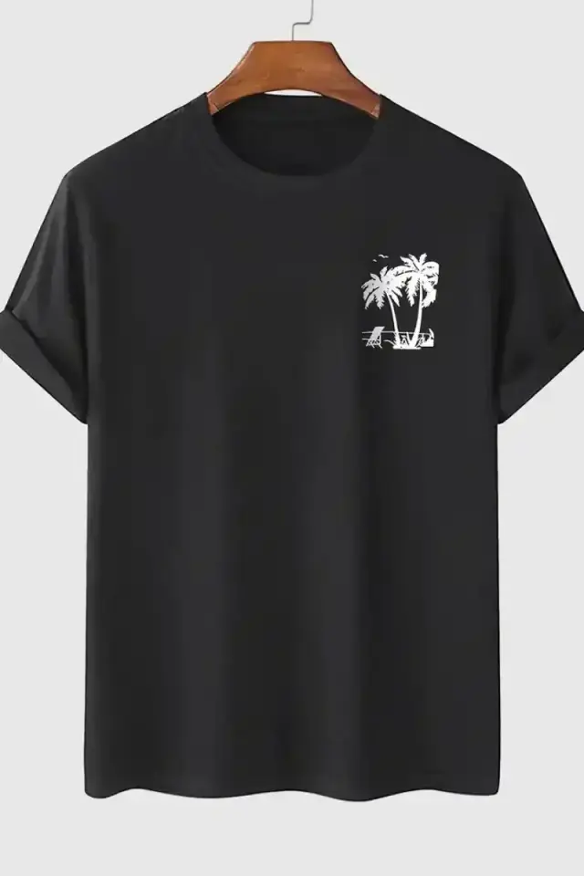 Erkek Kısa Kol Yazlık Tişört Bisiklet Yaka Palmiye Baskılı T-Shirt - Siyah