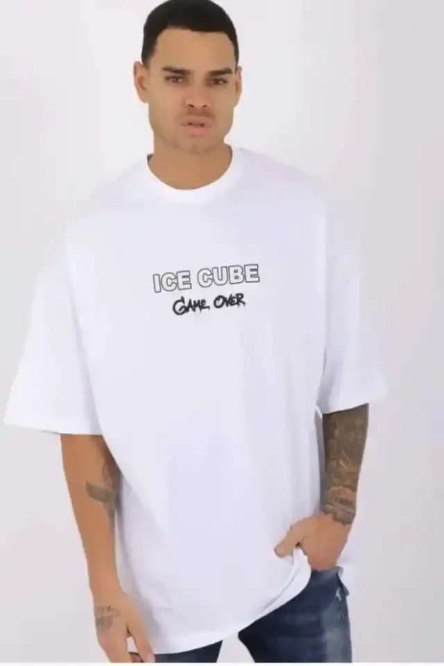 Erkek Kısa Kol Yazlık Tişört Bisiklet Yaka Baskılı Oversize T-Shirt - Beyaz