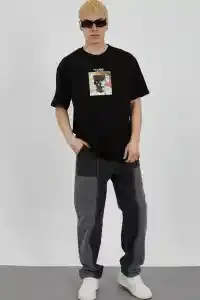 Erkek Kısa Kol Yazlık Tişört Bisiklet Yaka Baskılı Oversize T-Shirt - Siyah