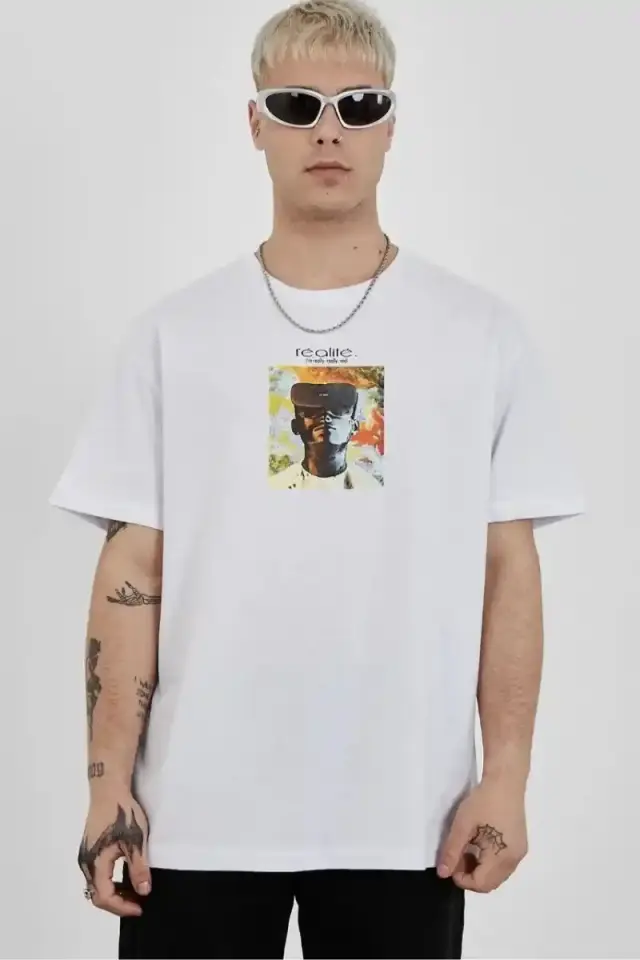 Erkek Kısa Kol Yazlık Tişört Bisiklet Yaka Baskılı Oversize T-Shirt - Beyaz