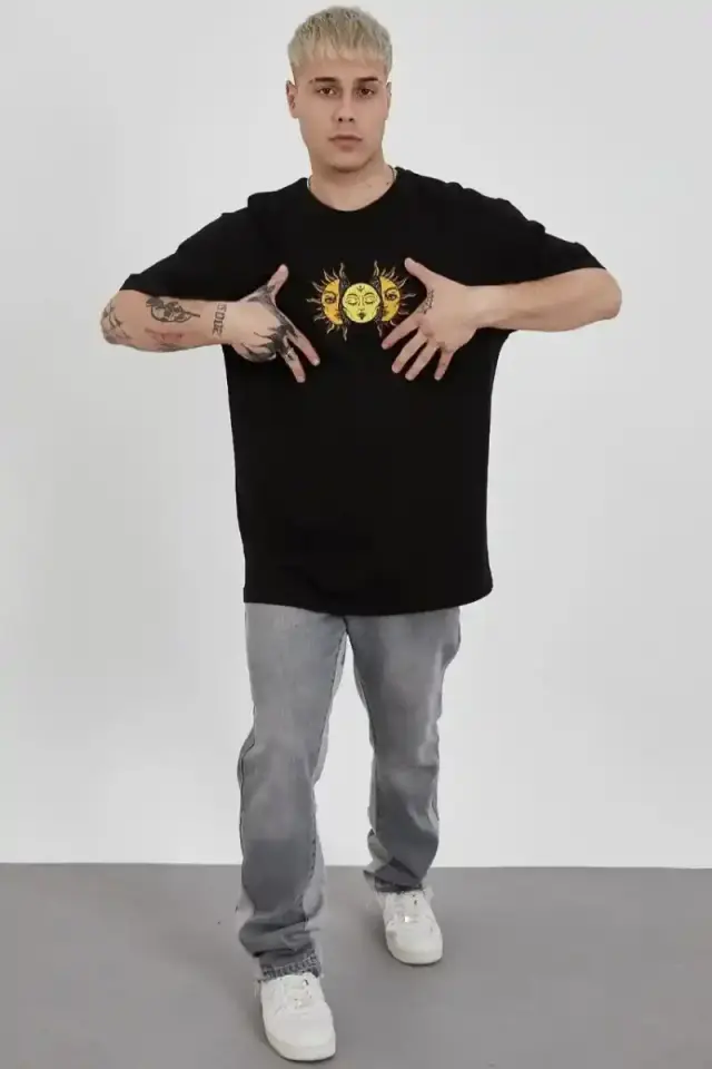 Erkek Kısa Kol Yazlık Tişört Bisiklet Yaka Baskılı Oversize T-Shirt - Siyah