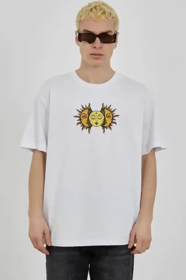 Erkek Kısa Kol Yazlık Tişört Bisiklet Yaka Baskılı Oversize T-Shirt - Beyaz