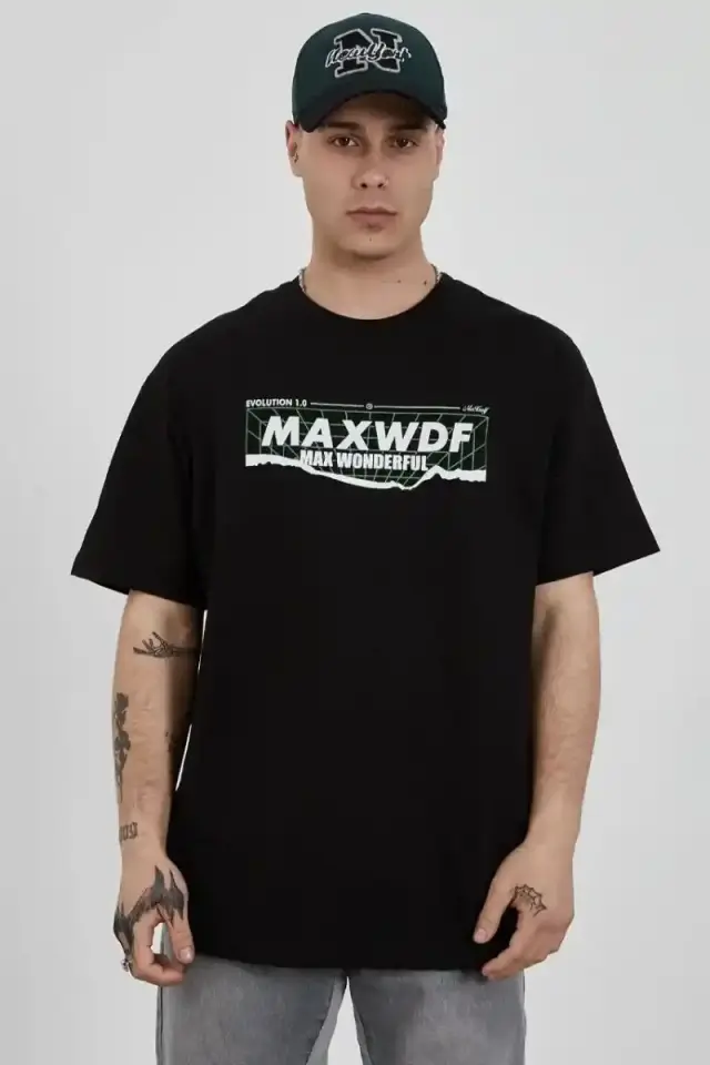 Erkek Kısa Kol Yazlık Tişört Bisiklet Yaka Baskılı Oversize T-Shirt - Siyah