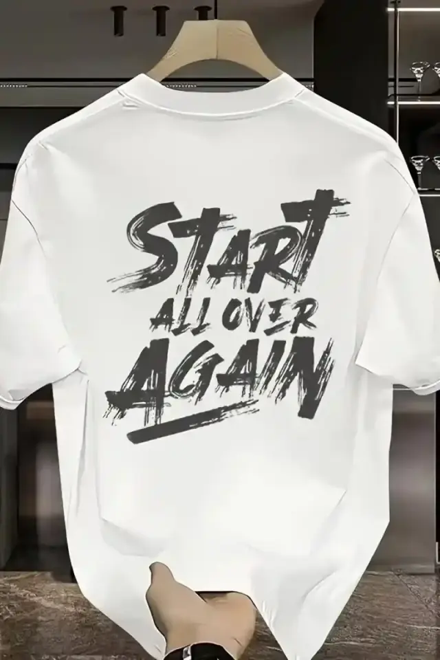Erkek Kısa Kol Yazlık Tişört Bisiklet Yaka Baskılı Oversize T-Shirt - Beyaz