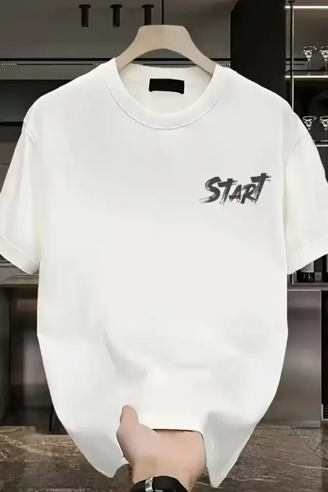 Erkek Kısa Kol Yazlık Tişört Bisiklet Yaka Baskılı Oversize T-Shirt - Beyaz