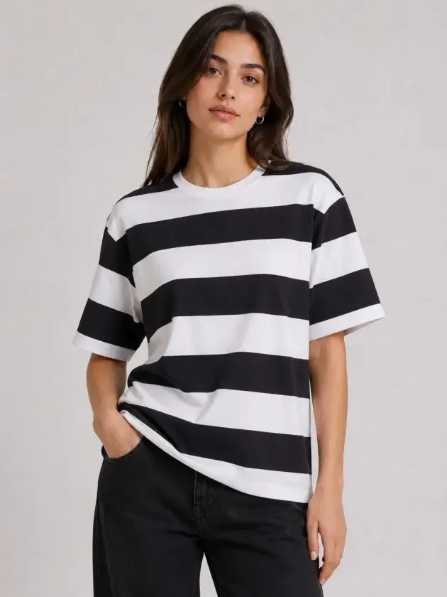 Çizgili Oversize Tişört Bisiklet Yaka Kısa Kol Yazlık T-Shirt - Siyah