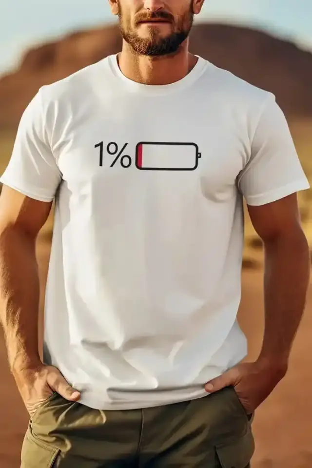 Erkek Sarj %1 Baskılı T-Shirt Kısa Kol Bisiklet Yaka Regular Fit Tişört - Beyaz