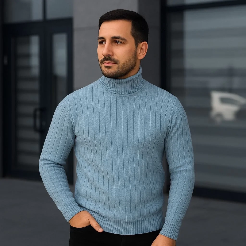 Erkek Tam Boğazlı Balıkçı Yaka Triko Kazak Kalın Fitilli - Bebek Mavisi