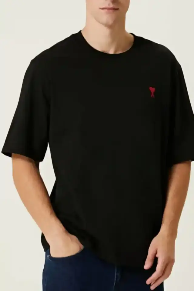 Erkek Kısa Kol Tişört Bisiklet Yaka KALP Baskılı Oversize T-Shirt - Siyah