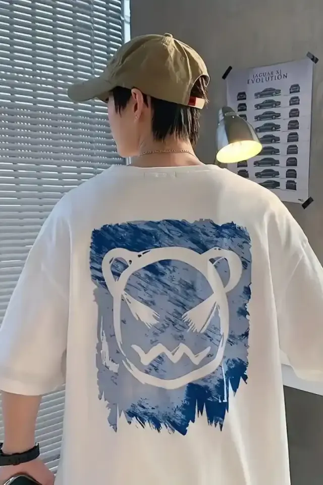 Erkek Tişört Bisiklet Yaka Kore sevimli ayı baskı Kısa Kol T-Shirt  - Beyaz
