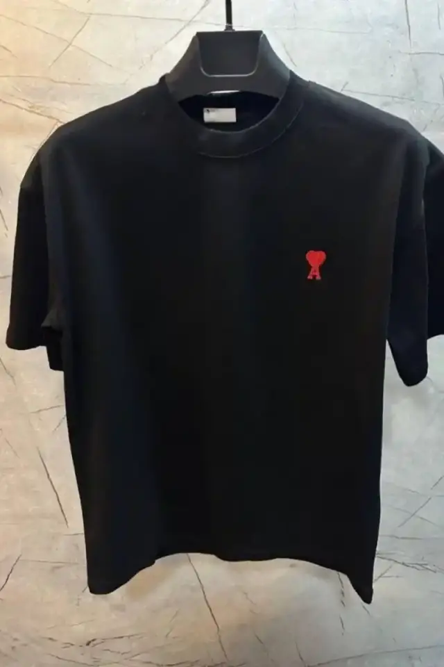Erkek Kısa Kol Tişört Bisiklet Yaka KALP Baskılı Oversize T-Shirt - Siyah