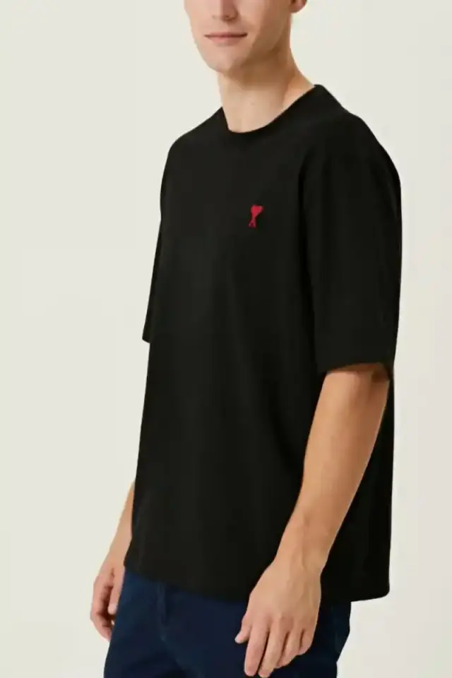 Erkek Kısa Kol Tişört Bisiklet Yaka KALP Baskılı Oversize T-Shirt - Siyah