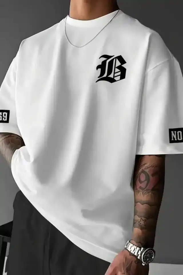 Erkek LB Baskılı Tişört Bisiklet Yaka Kısa Kol T-shirt - Beyaz