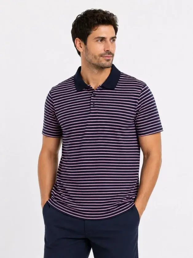 Erkek Pike Kumaş Gül Kurusu Çizgili Polo Yaka Tişört Kısa Kol T-Shirt - Siyah