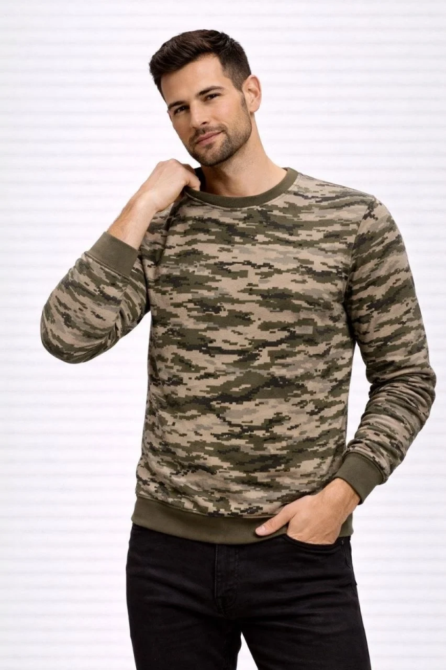 Erkek Kamuflaj Desenli 2 İplik 4 Mevsim Uzun Kollu Bisiklet Yaka Sweatshirt - Kamuflaj